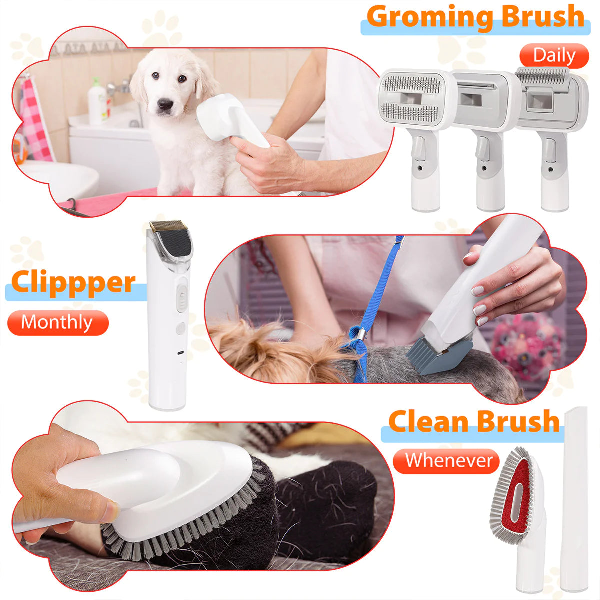 Pet Hair Grooming Brush with Fur Vacuum and Clippers