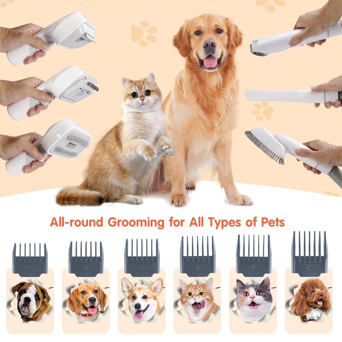 Pet Hair Grooming Brush with Fur Vacuum and Clippers