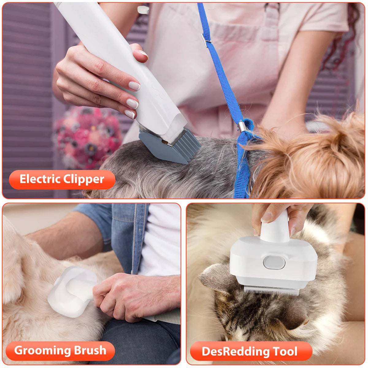 Pet Hair Grooming Brush with Fur Vacuum and Clippers