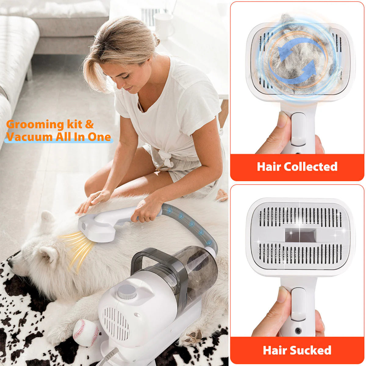 Pet Hair Grooming Brush with Fur Vacuum and Clippers