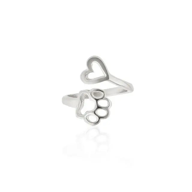 Stainless Steel Sentimental Pet Paw Print Heart Ring Silver