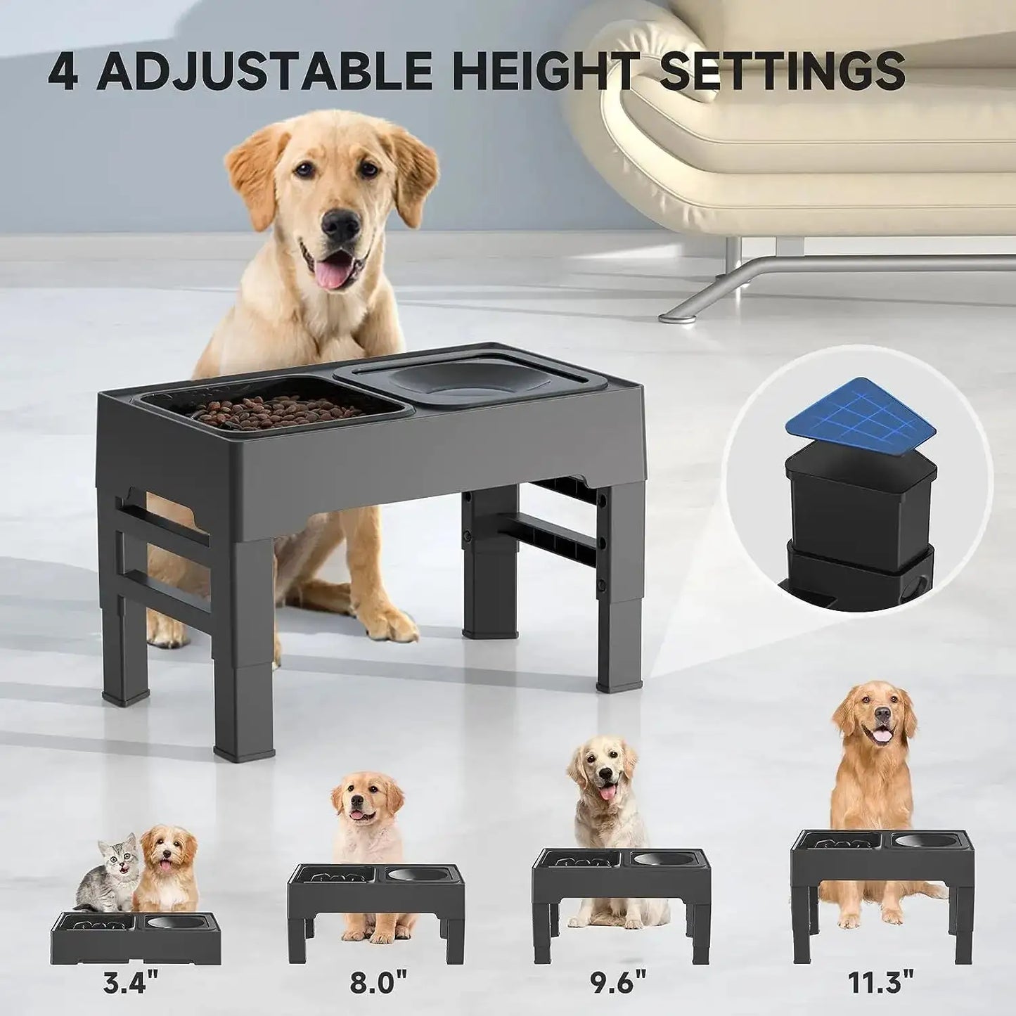 Adjustable Elevated Pet Dog Food and Water Bowl Dining Station